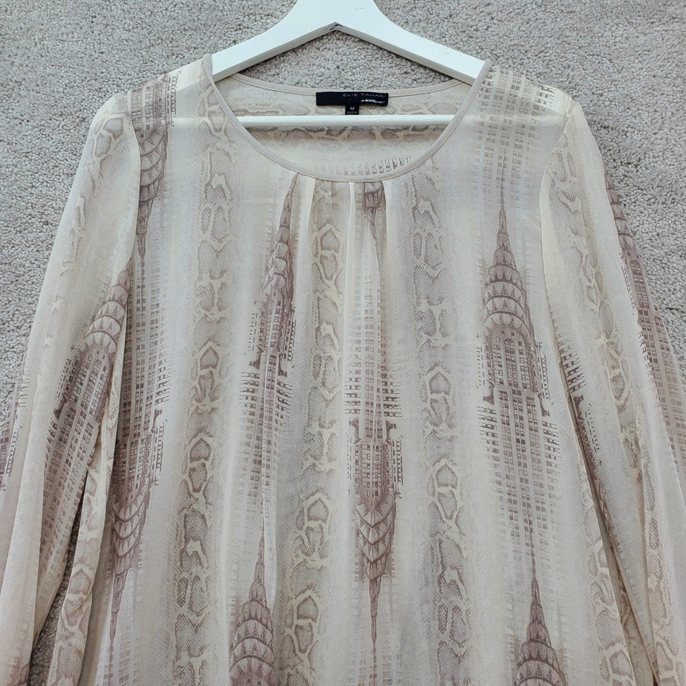Elie Tahari Blouse Top Women Medium Pale Oak Chrysler Building Print Pleat Neck